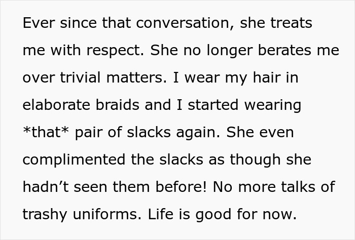 Text about bullied employee nitpicked by boss daily, now treated with respect after learning her ethnicity and changes in her appearance.