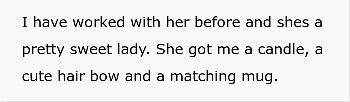 Text excerpt from a daycare worker describing gifts from a coworker, including a candle, hair bow, and matching mug.