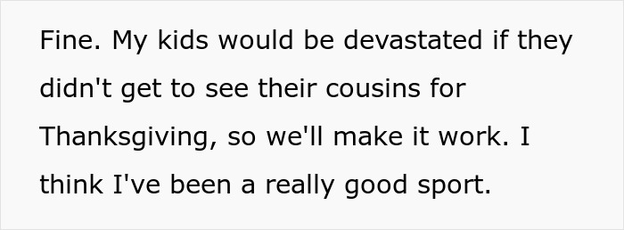 Text showing a person reluctantly agreeing to attend MIL&rsquo;s Thanksgiving after being reinvited due to other guests flaking.