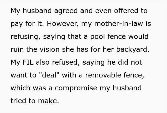 In-laws refuse to prioritize grandchild’s safety with pool fence, leading to conflict and loss of babysitting trust. In-laws refuse to prioritize grandchild’s safety with pool fence, leading to conflict and loss of babysitting trust.