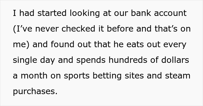 Text showing a wife discovering financial problems caused by her husband’s spending, leading to divorce and a SAHM job conflict.