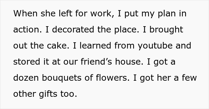 Wife mopes at b-day party, note describing husband's surprise plan with cake, decorations and flowers