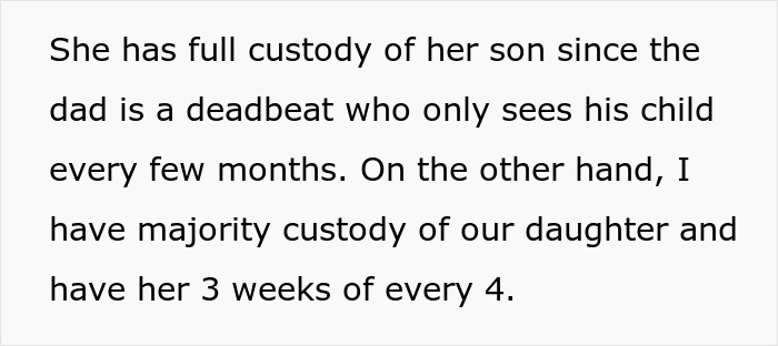 Custody details reveal daughter gets 27 Christmas presents while half-brother receives only one, dad shows no guilt.