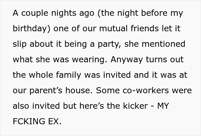Text excerpt about woman criticized for skipping birthday party organized by sister due to her ex being invited.