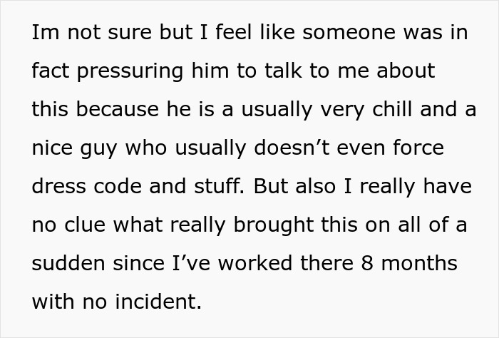 Text discussing someone feeling pressured to talk about refusing to shave legs at work despite no prior issues. Text discussing someone feeling pressured to talk about refusing to shave legs at work despite no prior issues.