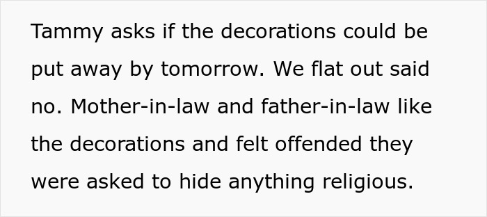 Woman asks in-laws to take down religious decorations affecting her atheism, in-laws refuse and feel offended.