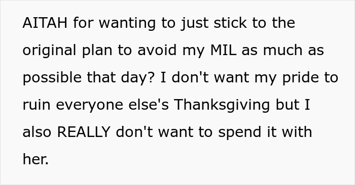 Text excerpt discussing a woman refusing to attend her MIL&rsquo;s Thanksgiving after being reinvited due to guests flaking.