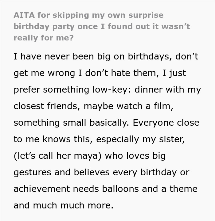 Text excerpt discussing a woman skipping a birthday party organized by her sister because her ex was invited. Text excerpt discussing a woman skipping a birthday party organized by her sister because her ex was invited.