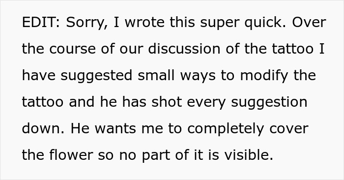 Text discussing a guy spiraling over his fianc&eacute;e&rsquo;s tattoo designed by her ex, leading to postponing their wedding.