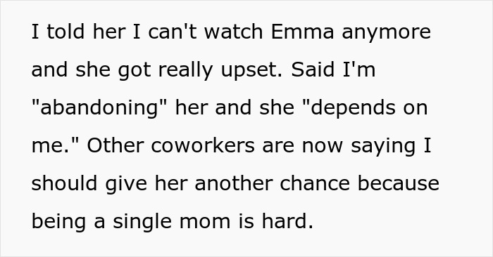 Text excerpt about a sitter refusing to watch a kid after a drunk lady shows up hours late to pick up her child.