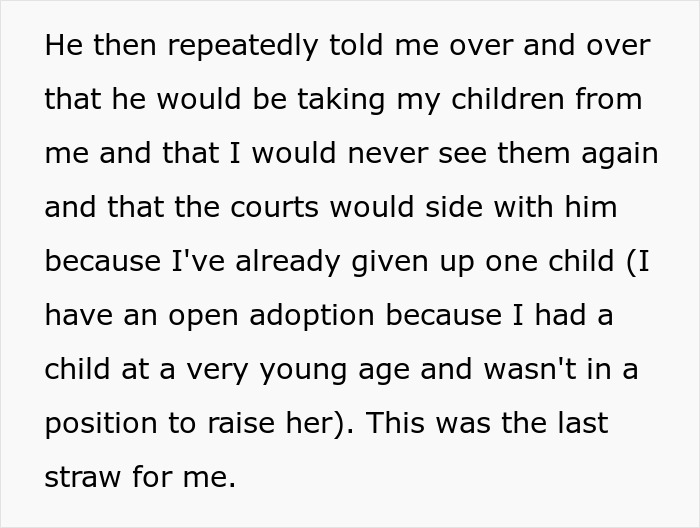 Text excerpt discussing a husband blaming SAHM wife for financial problems and custody threats leading to divorce.