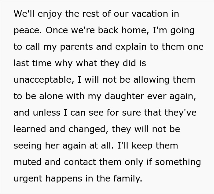 Text message discussing banning grandparents from seeing granddaughter after they spank 3YO to teach her a lesson.