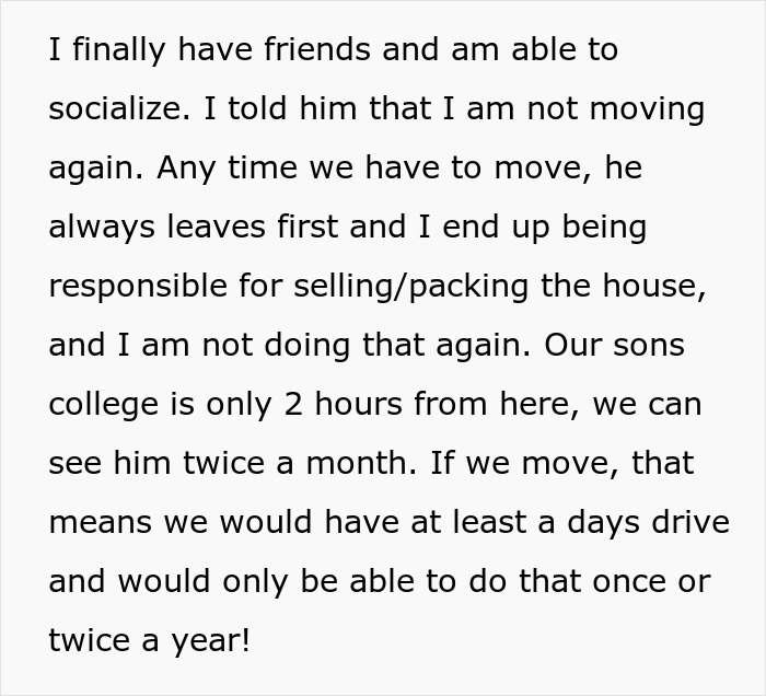 Woman refuses to move again after decades relocating for husband’s career, valuing stability and family proximity. Woman refuses to move again after decades relocating for husband’s career, valuing stability and family proximity.