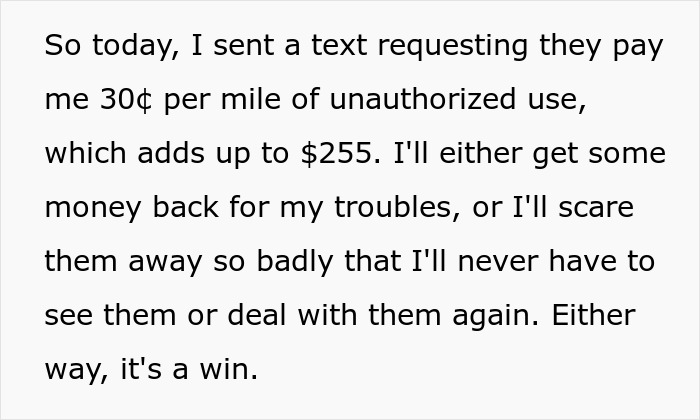 Text message discussing unauthorized car use reimbursement for 1,100 miles driven during surgery recovery stay.