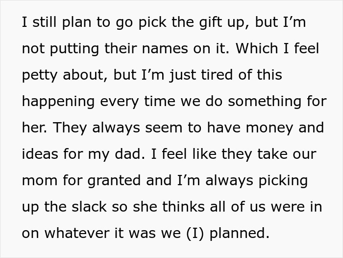 Alt text: Siblings struggle with bros too broke to pitch in for Mom’s birthday gift while irate sister takes her out to dinner.