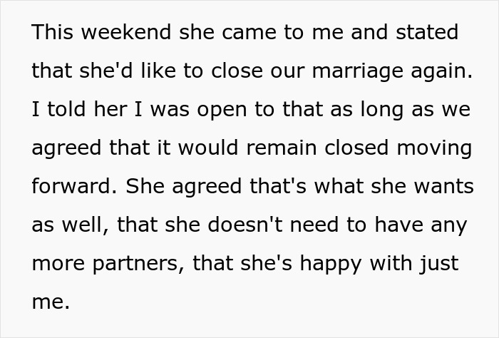 Text discussing a wife making husband agree to an open marriage before deciding to close it and reconnect with him. Text discussing a wife making husband agree to an open marriage before deciding to close it and reconnect with him.