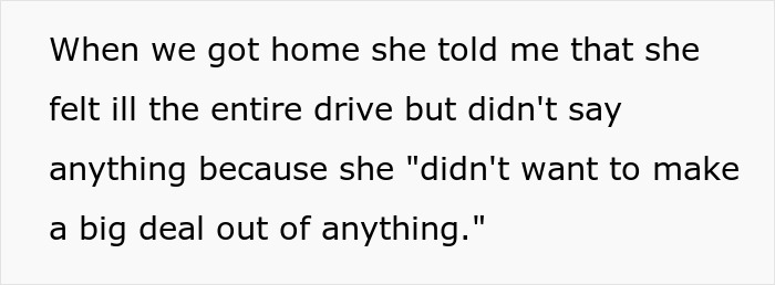 Text on white background discussing wife feeling ill during a drive highlighting anxiety meltdown and husband’s ban from front seat. Text on white background discussing wife feeling ill during a drive highlighting anxiety meltdown and husband’s ban from front seat.