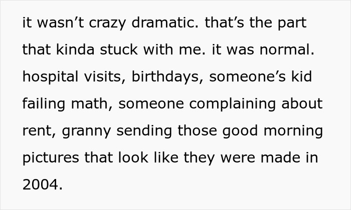 Text describing emotional moments after a guy gets added to a random family group chat over 7 months. Text describing emotional moments after a guy gets added to a random family group chat over 7 months.