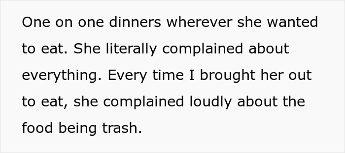 Text excerpt from a woman describing one-on-one dinners and complaints about food being trash. Text excerpt from a woman describing one-on-one dinners and complaints about food being trash.