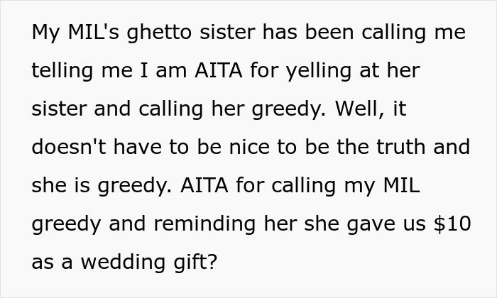 Text message discussing calling MIL greedy for giving only $10 as a wedding gift, highlighting a greedy MIL wedding gift situation.