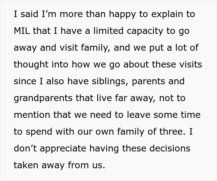 Alt text: DIL expressing frustration over overbearing MIL making family plans without her knowledge, setting boundaries clearly. Alt text: DIL expressing frustration over overbearing MIL making family plans without her knowledge, setting boundaries clearly.
