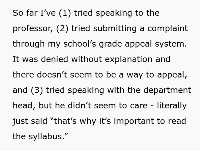 Alt text: Student explains efforts to appeal phone rule enforcement risking failing class, highlighting conflict with professor and department head.