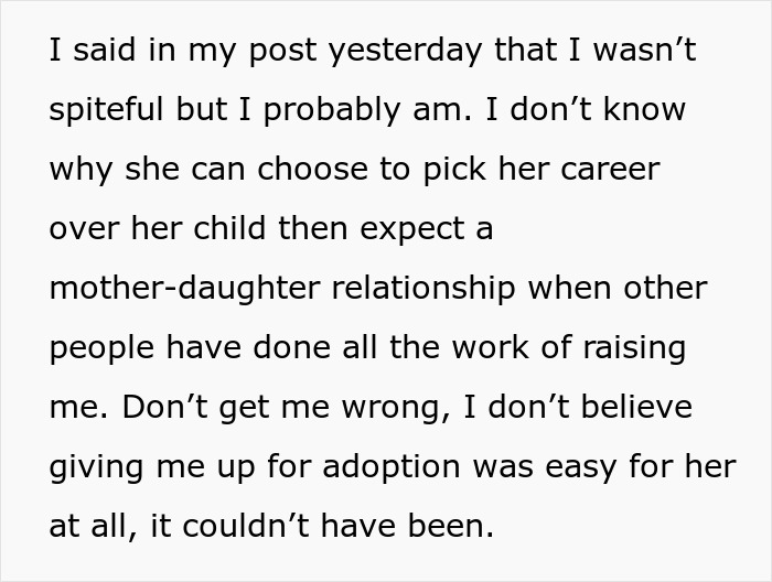 Text post about bio mom choosing career over child, expecting mother-daughter relationship, reflecting on adoption challenges.