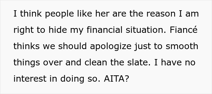 Text post discussing hiding finances from mother-in-law and disagreement with fiancé about apologizing to smooth things over. Text post discussing hiding finances from mother-in-law and disagreement with fiancé about apologizing to smooth things over.