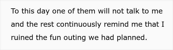 Text on a white background reads about someone being disliked by friends for ruining a planned fun outing by enforcing seat belt rules.