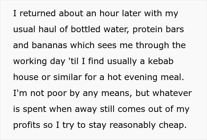 Text excerpt discussing business trip expenses, focusing on staying reasonably cheap despite spending profits.