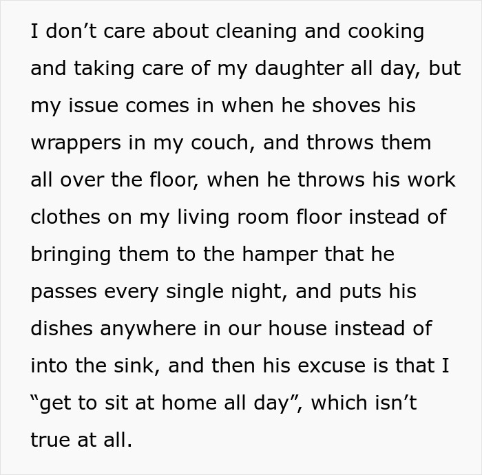 Alt text: Man insists his wife doesn&rsquo;t do anything at home as she stops cleaning his mess and expresses frustration.