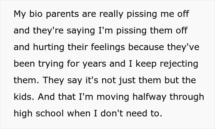 Text from a teen expressing frustration with bio parents who abandoned him and legal issues over living arrangements.