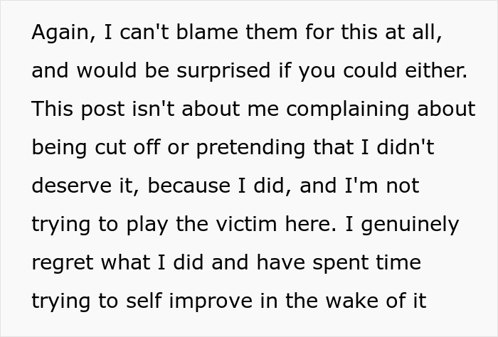 Text excerpt showing a man expressing regret and self-improvement after family forgave him for beating his brother.