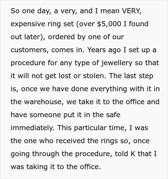 Text excerpt describing a jewelry procedure related to expensive rings as part of a reckoning revenge story.