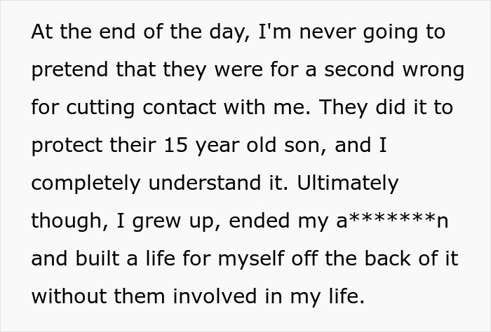 Text excerpt discussing family forgiving a man for past a***e while addressing cutting contact to protect their son.