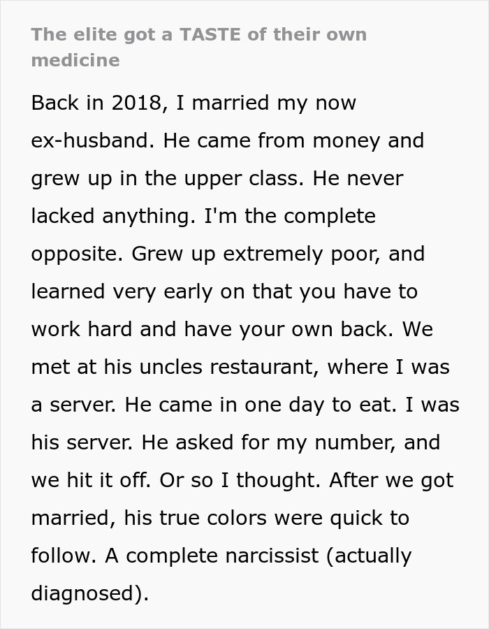 Text excerpt describing a woman proving her husband's family are lying snobs through a simple switch.