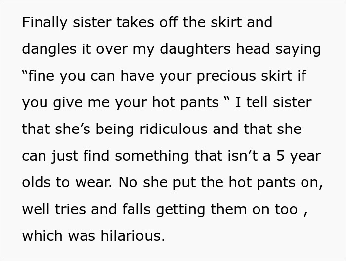 Alt text: Woman steals 5-year-old niece&rsquo;s skirt and tries on hot pants, causing a funny and ridiculous family moment.