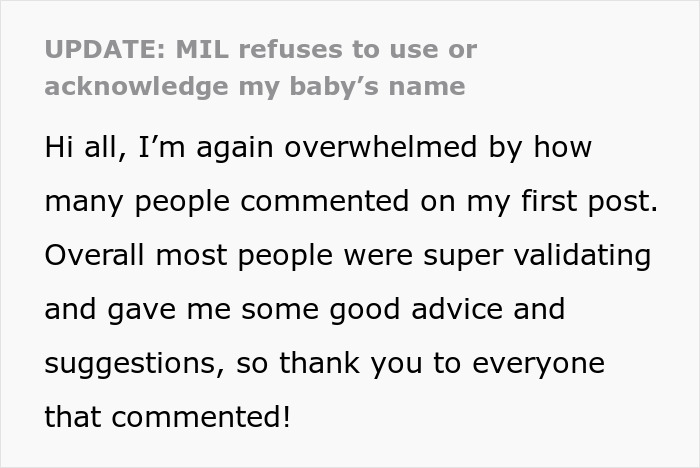 Text update about mil refusing to acknowledge or use baby name with grateful tone for advice and support.