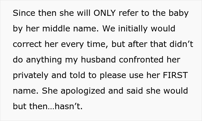 Text excerpt about mil refuse baby name issue, describing confrontation over use of baby's first name and continued refusal.