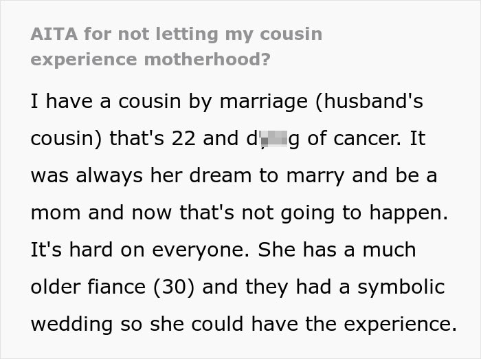 Text excerpt about a cousin with cancer wanting to experience motherhood by borrowing a baby, highlighting emotional struggles. Text excerpt about a cousin with cancer wanting to experience motherhood by borrowing a baby, highlighting emotional struggles.