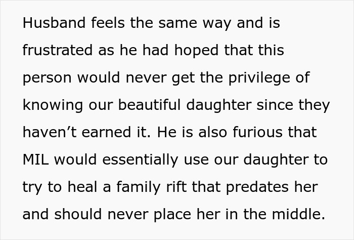 Text highlighting frustration over MIL refusing baby name and using daughter to heal a family rift.