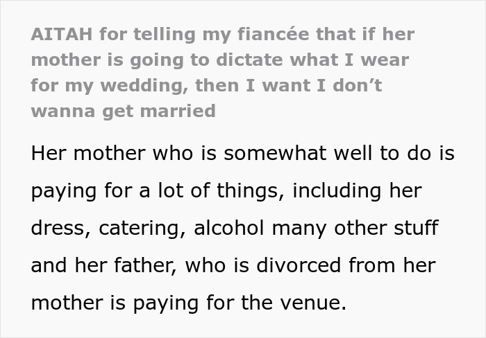 Text excerpt about mother dictating wedding attire with groom refusing marriage due to control over his clothing choices.