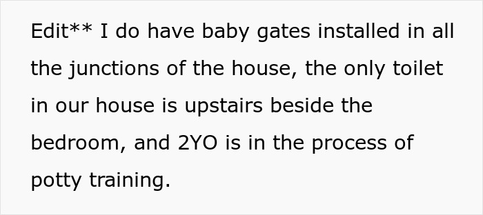 Text snippet explaining baby gates, toilet location, and toddler potty training in a parenting context. Text snippet explaining baby gates, toilet location, and toddler potty training in a parenting context.