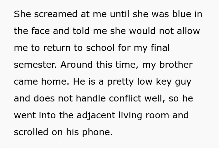 Text excerpt describing a woman&rsquo;s conflict at home during her final semester, highlighting family tension and stress.