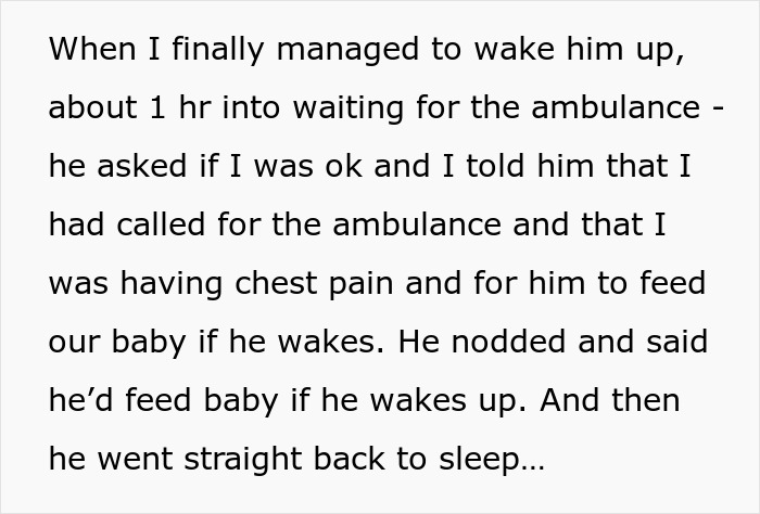 Person describing how their partner slept while they themselves called ambulance and waited with chest pain. Person describing how their partner slept while they themselves called ambulance and waited with chest pain.