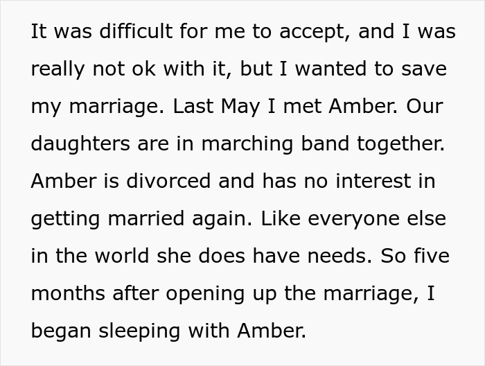 Text describing a wife making her husband agree to an open marriage to reconnect with her ex. Text describing a wife making her husband agree to an open marriage to reconnect with her ex.