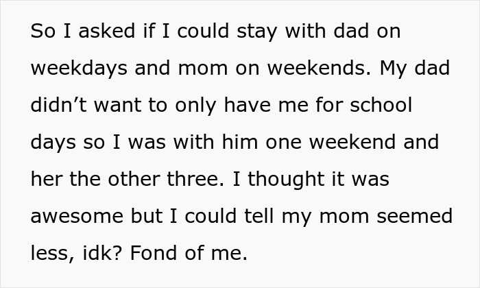 Text excerpt about a daughter wanting to stay with dad and noticing mom’s change in affection after divorce. Text excerpt about a daughter wanting to stay with dad and noticing mom’s change in affection after divorce.