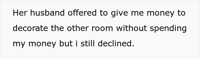 Text image showing a statement about declining money offered to decorate a room, related to a teen accused of crushing half-sister’s Christmas dreams. Text image showing a statement about declining money offered to decorate a room, related to a teen accused of crushing half-sister’s Christmas dreams.
