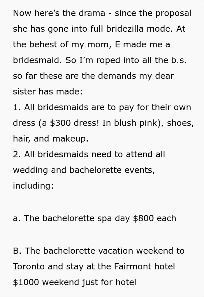 Text excerpt describing a sister’s escalating bridezilla demands causing family conflict in wedding planning drama. Text excerpt describing a sister’s escalating bridezilla demands causing family conflict in wedding planning drama.
