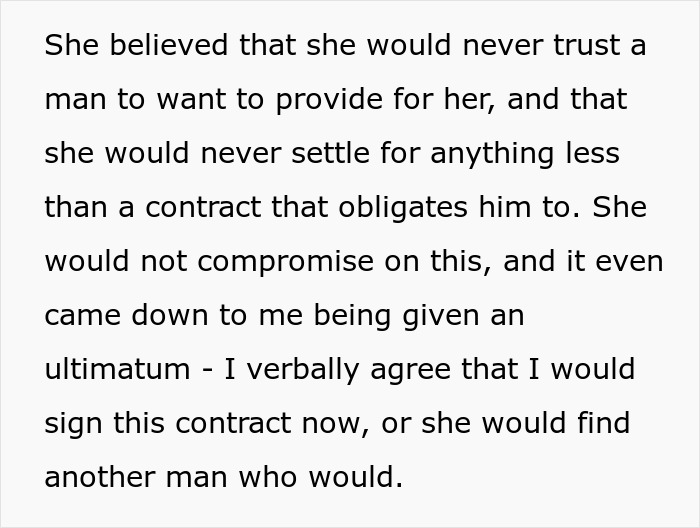 Text discussing a woman forcing her boyfriend to sign a contract securing her a share of his income for life. Text discussing a woman forcing her boyfriend to sign a contract securing her a share of his income for life.
